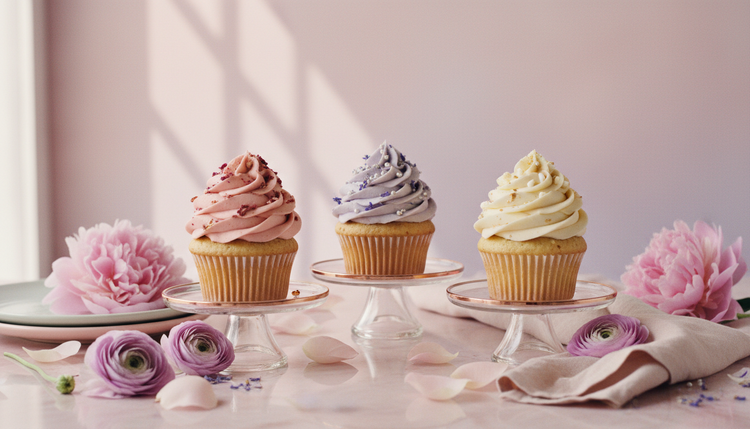 Three cupcakes with pink, lavender and vanilla buttercream on glass stands